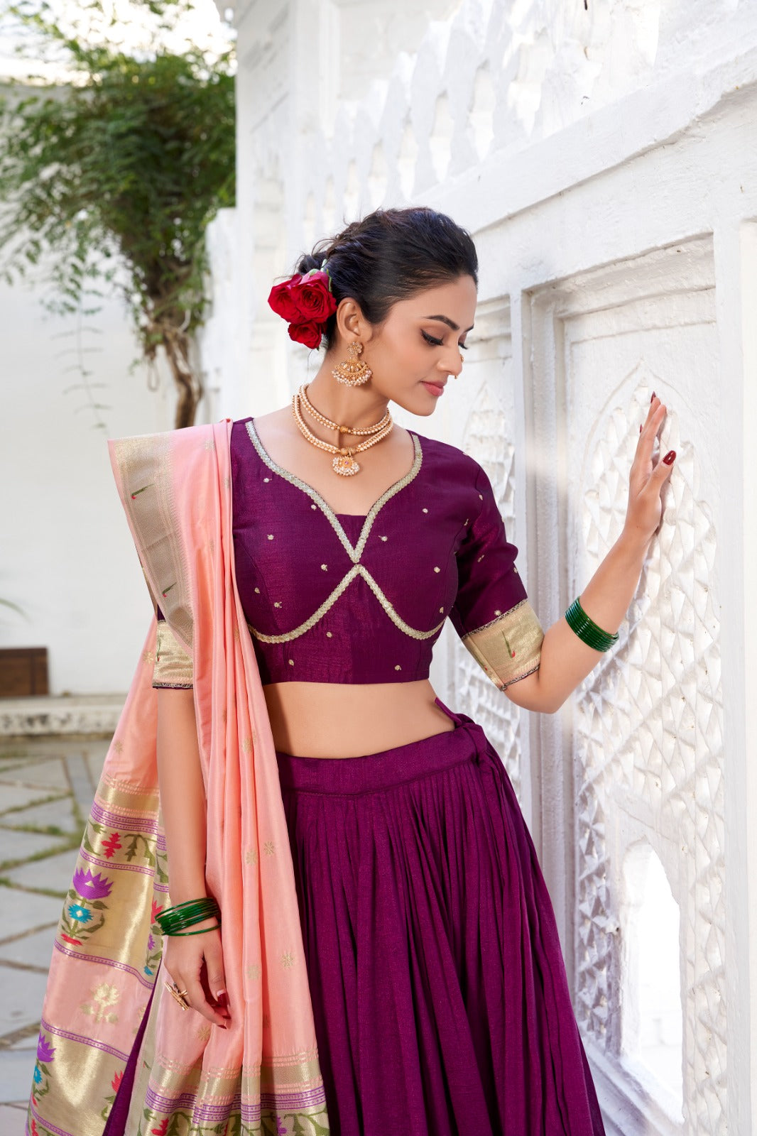 Vichitra Silk Lehenga Choli with Paithani Dupatta and Embroidered Blouse