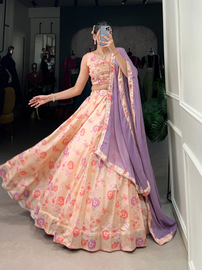 Peach Tussar Silk Floral Lehenga Choli with Hand Embroidery and Lace Dupatta