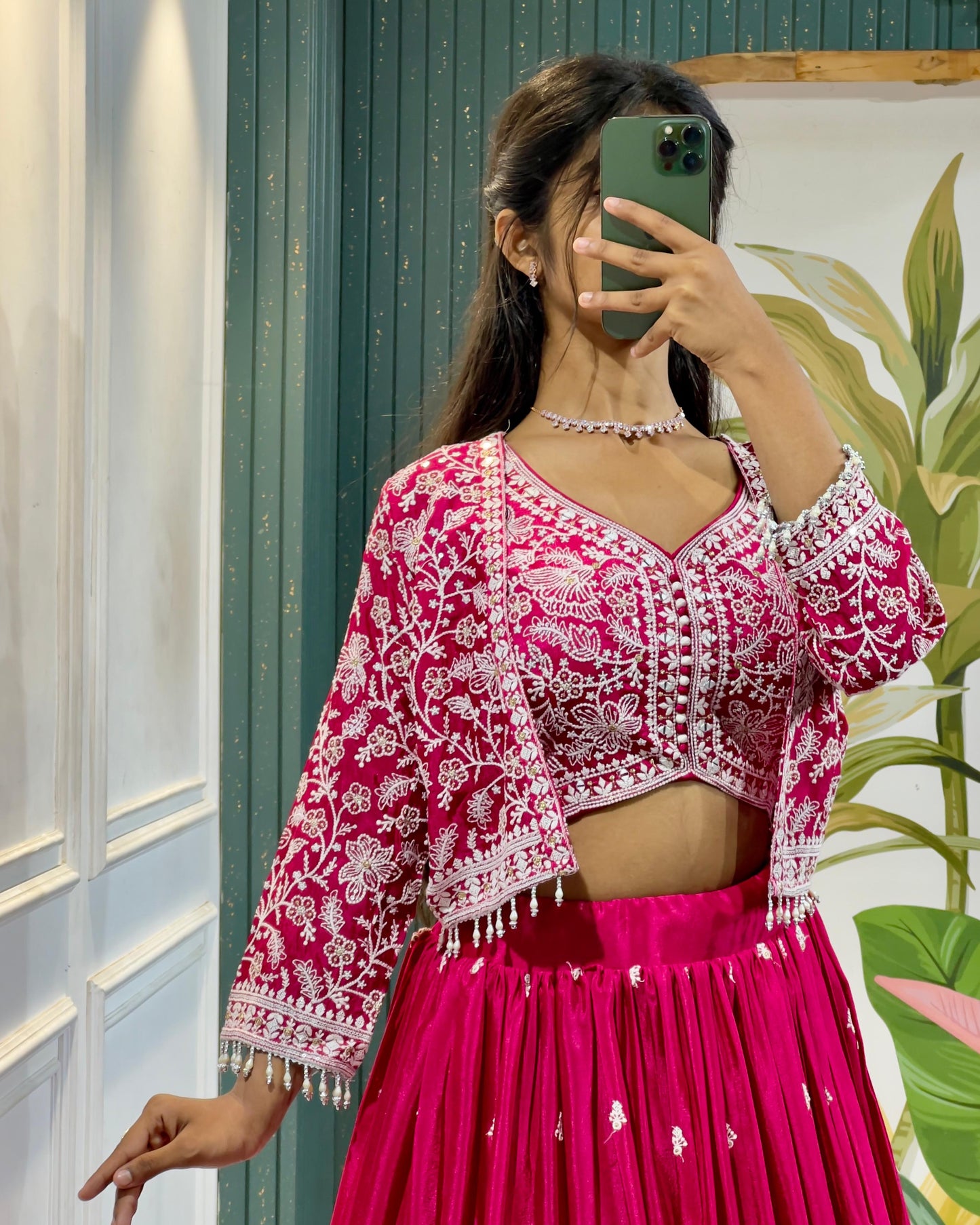 Hot Pink Indo-Western Jacket Lehenga Set with Lucknowi Embroidery