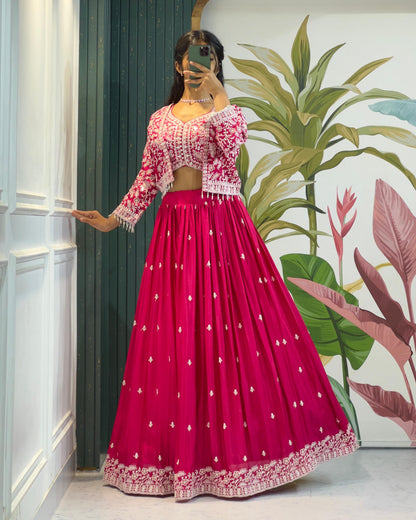 Hot Pink Indo-Western Jacket Lehenga Set with Lucknowi Embroidery