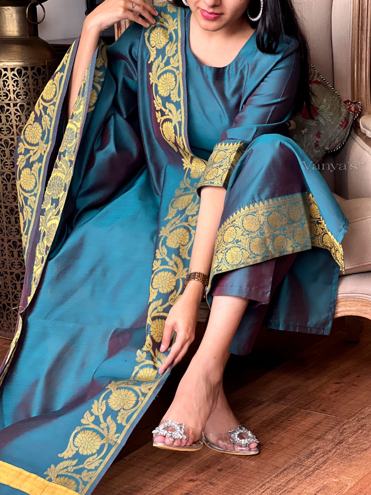 Banarasi Silk Jacquard Suit Set with Silk Pant and Heavy Banarasi Dupatta