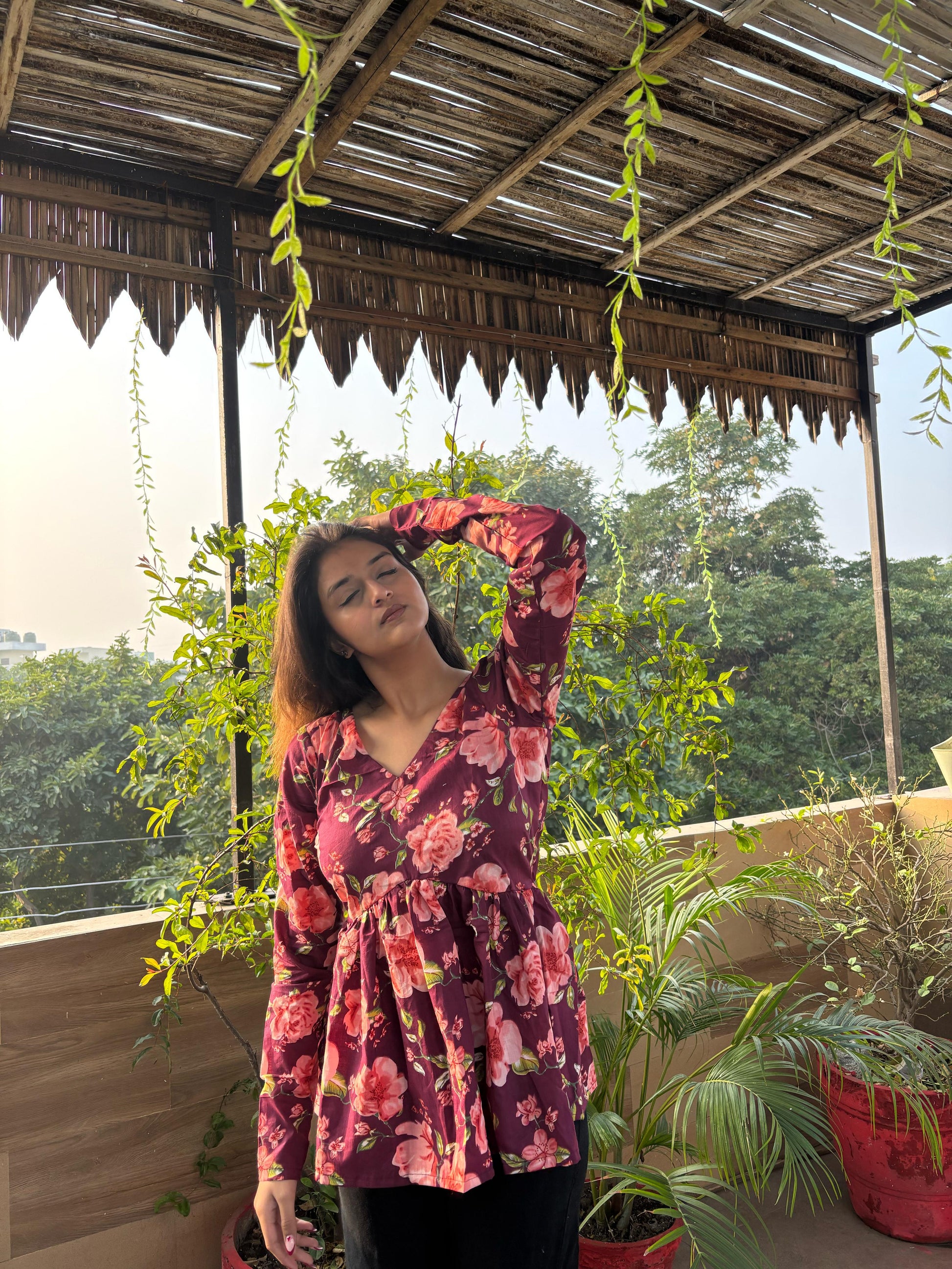 Floweret Short Peplum Kurti Top, Cotton Peplum Kurti, Ethnic Peplum Top for Women, Stylish Cotton Kurti, Floral Kurti Top