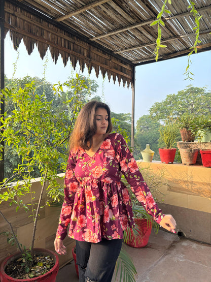 Floweret Short Peplum Kurti Top, Cotton Peplum Kurti, Ethnic Peplum Top for Women, Stylish Cotton Kurti, Floral Kurti Top