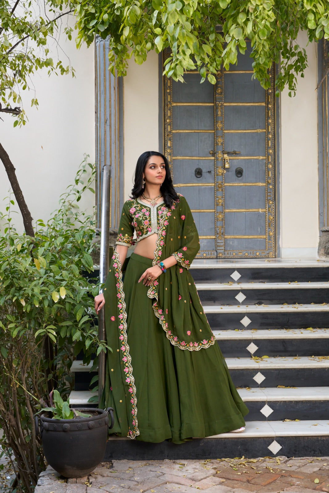 Mehendi Green Georgette Lehenga with Drawstring & Zip Closure