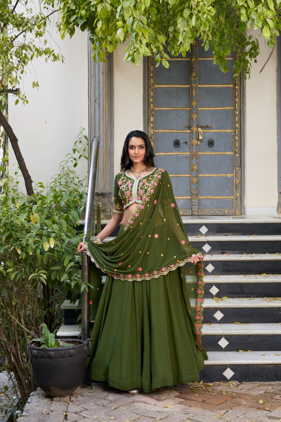Mehendi Green Georgette Lehenga with Drawstring & Zip Closure