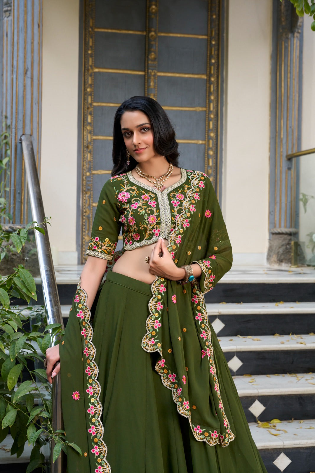 Mehendi Green Georgette Lehenga with Drawstring & Zip Closure