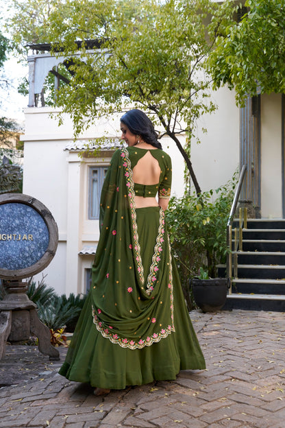 Mehendi Green Georgette Lehenga with Drawstring & Zip Closure