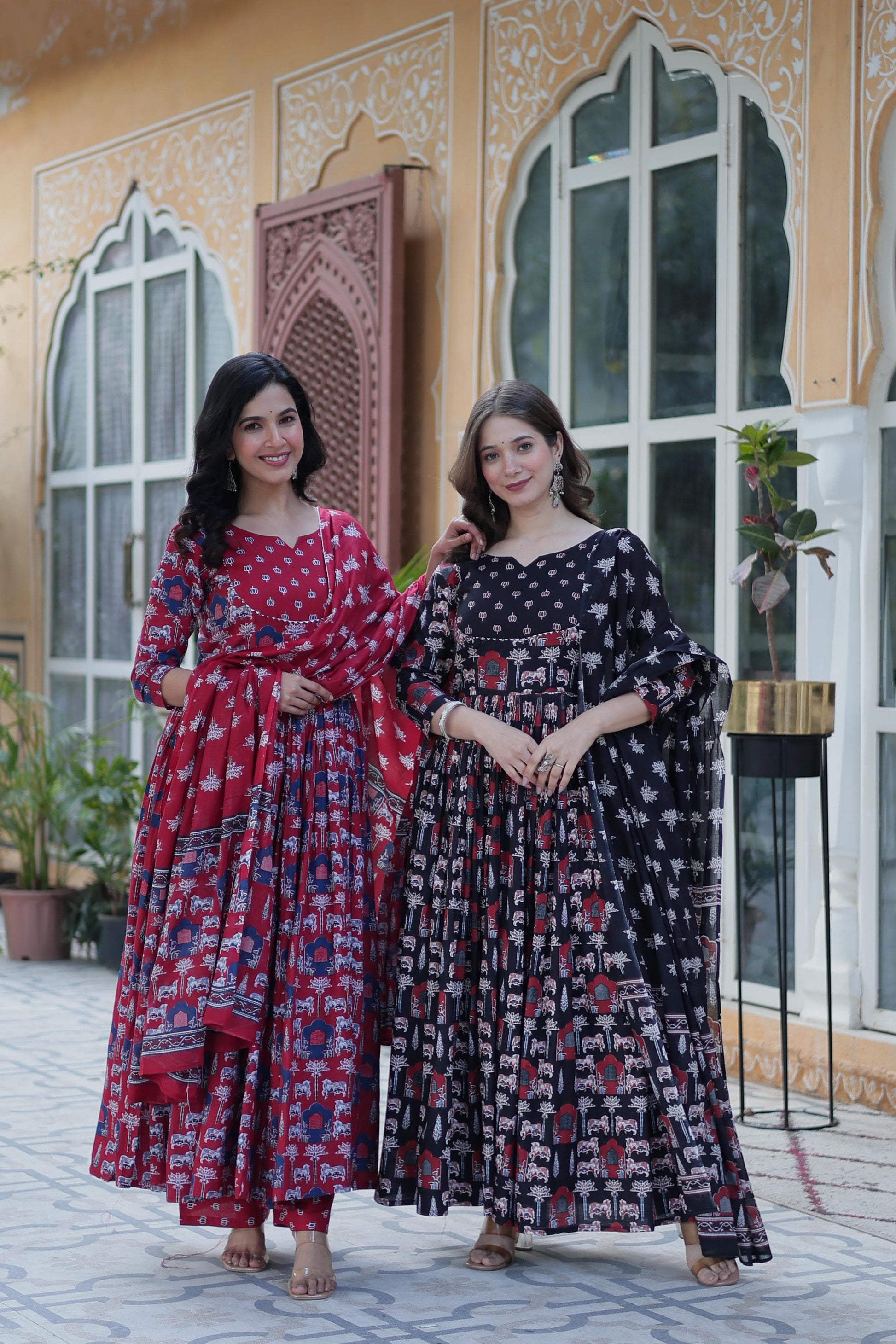 Premium Cotton Kurti Pant Dupatta Set in Maroon & Black – Elegant Ethnic Wear for Women