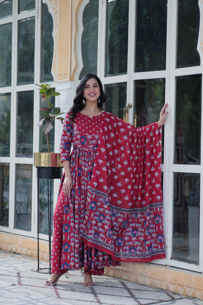 Premium Cotton Kurti Pant Dupatta Set in Maroon & Black – Elegant Ethnic Wear for Women