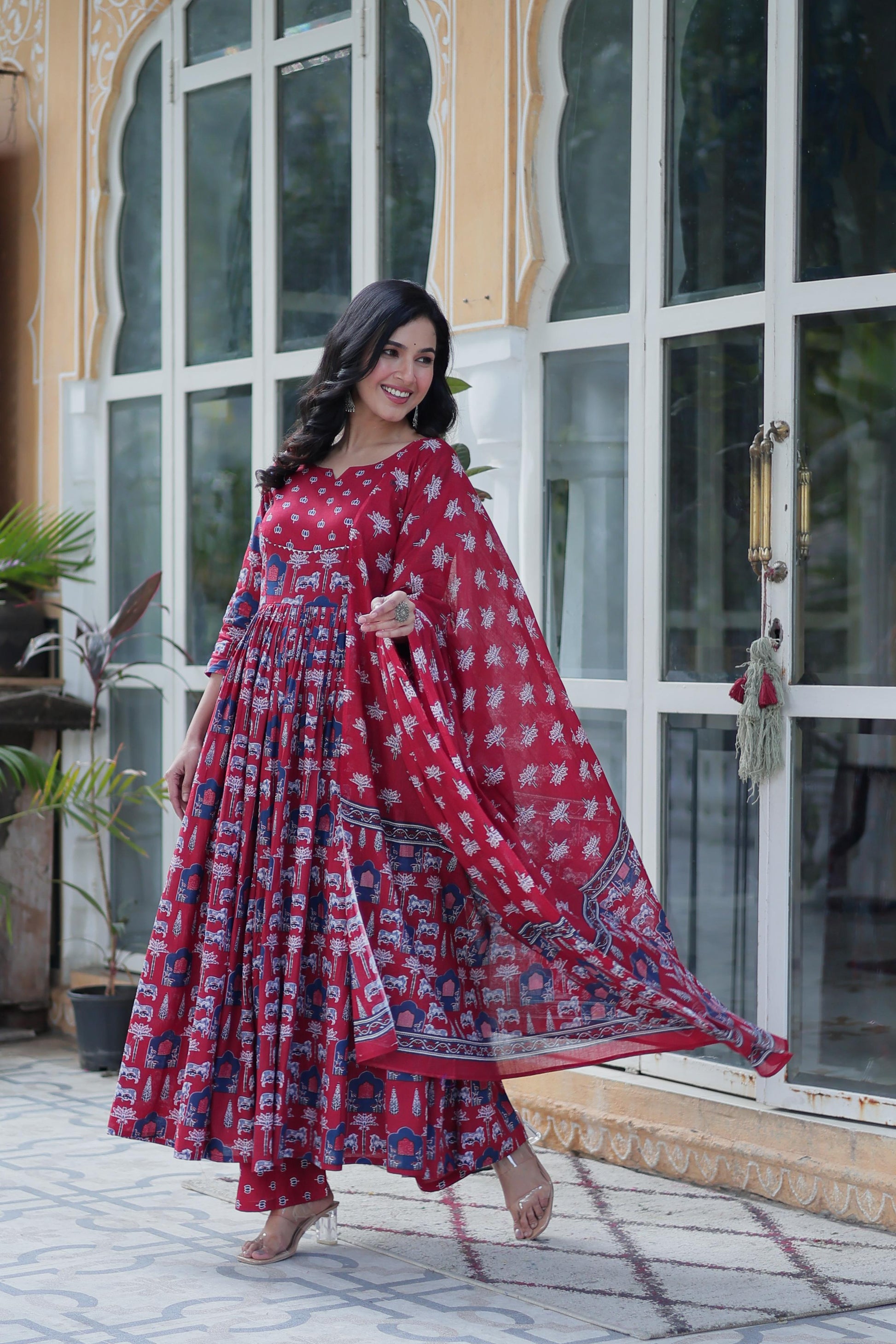 Premium Cotton Kurti Pant Dupatta Set in Maroon & Black – Elegant Ethnic Wear for Women