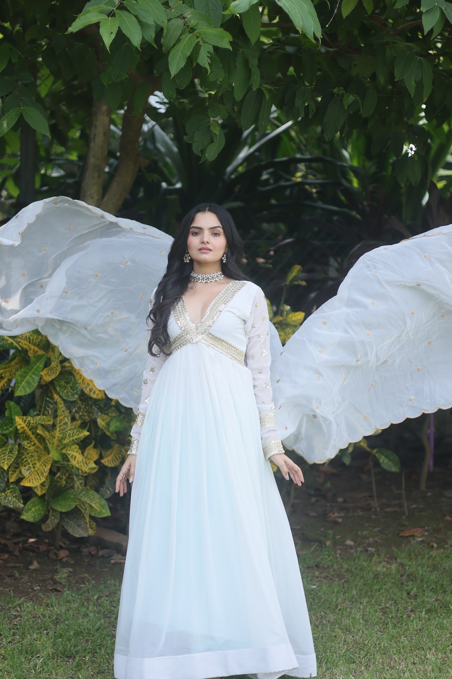 Embroidered Alia Cut Gown for Women with Dupatta – Zari & Sequins Work