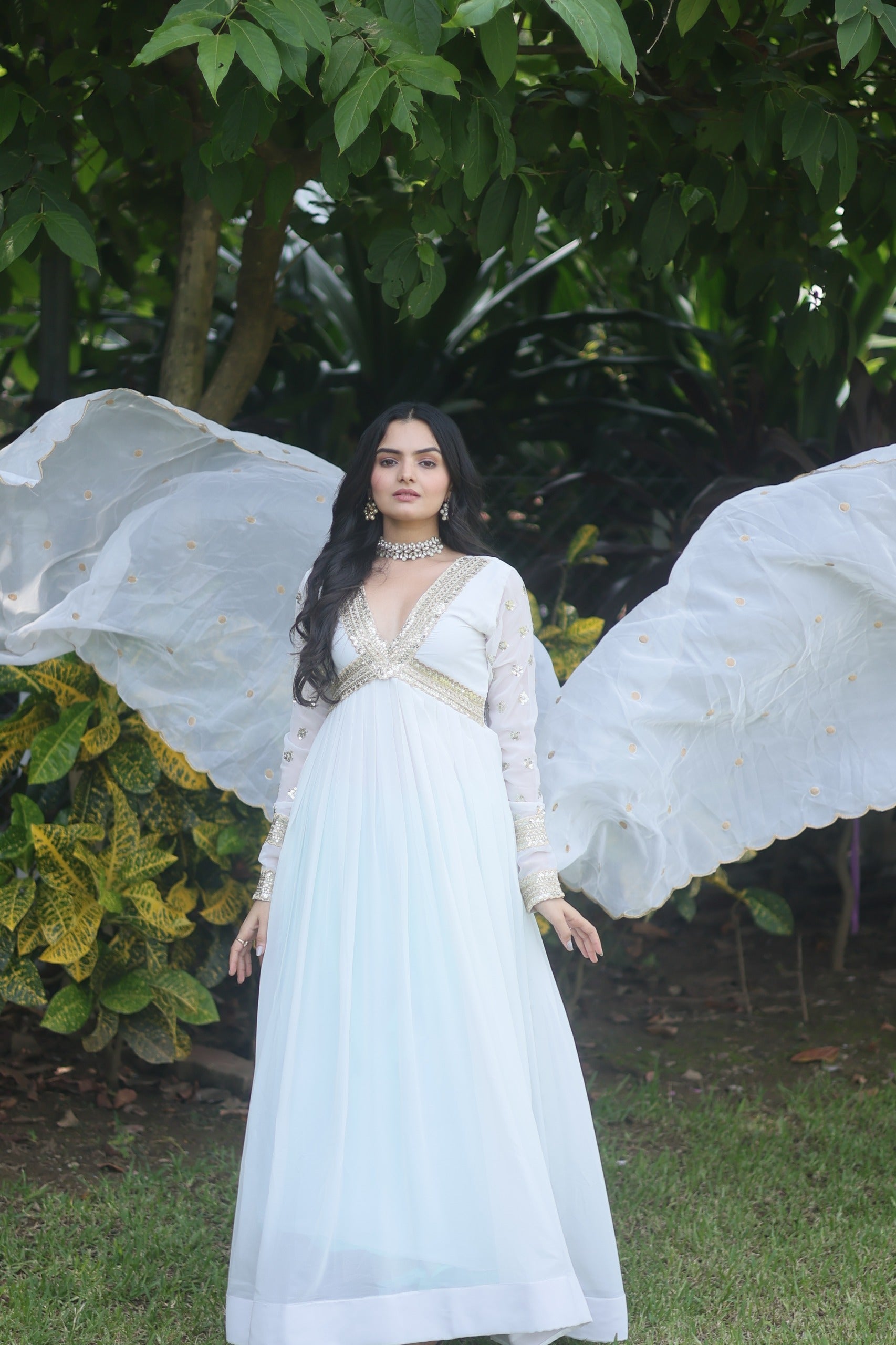 Embroidered Alia Cut Gown for Women with Dupatta – Zari & Sequins Work