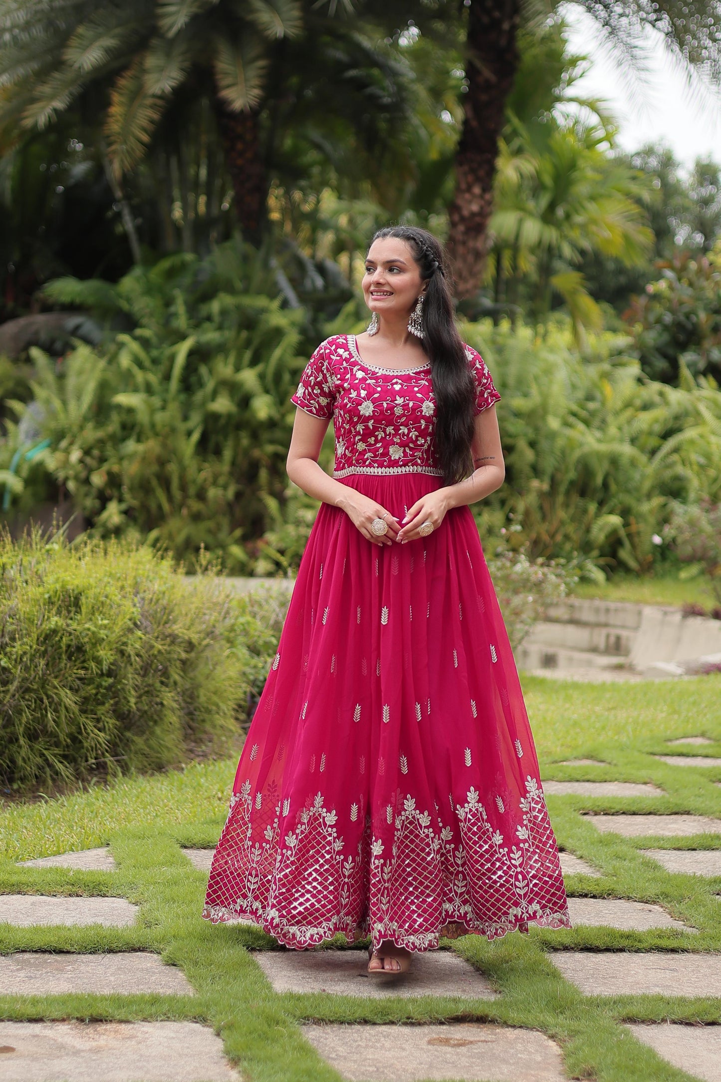 Elegant Faux Blooming Embroidered Gown with Zari and Sequins Work – Full View