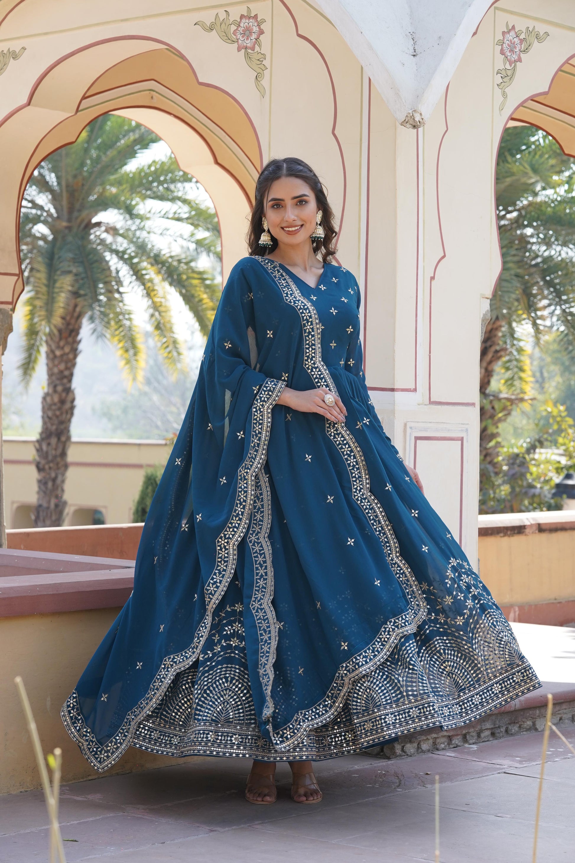 Premium Designer Faux Georgette Gown with Embroidered Dupatta – Full View