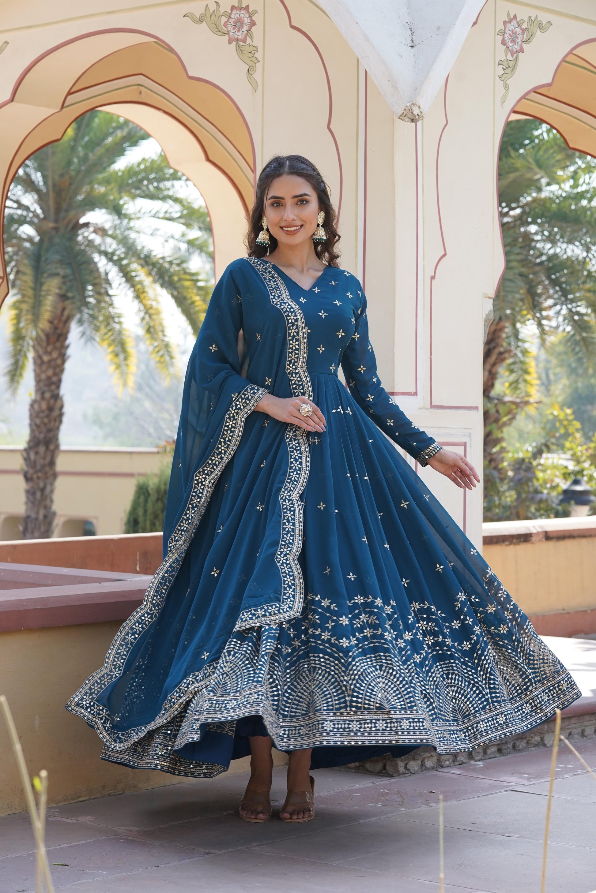 Faux Georgette Embroidered Dupatta Paired with Designer Gown