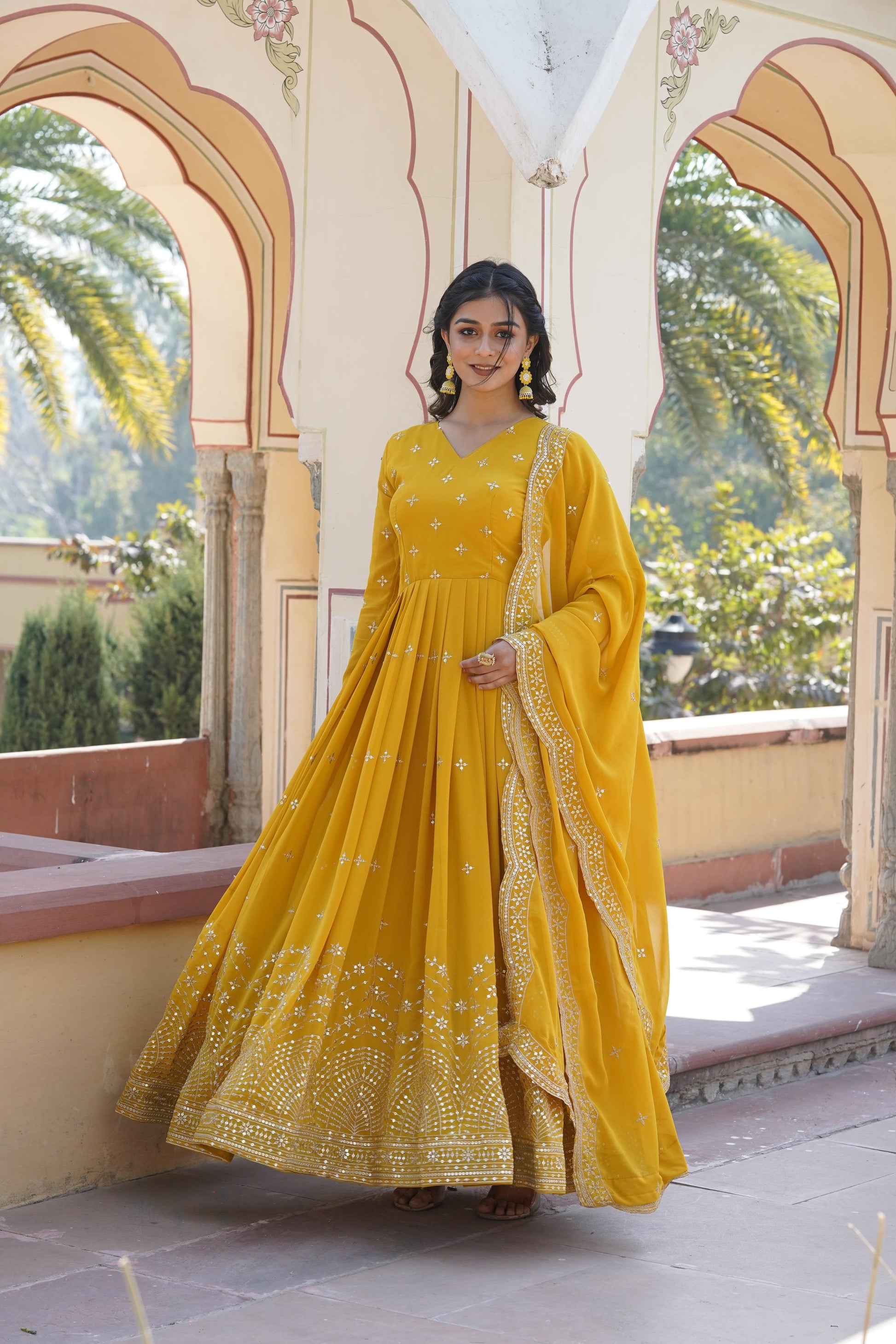 Premium Designer Faux Georgette Gown with Embroidered Dupatta – Full View