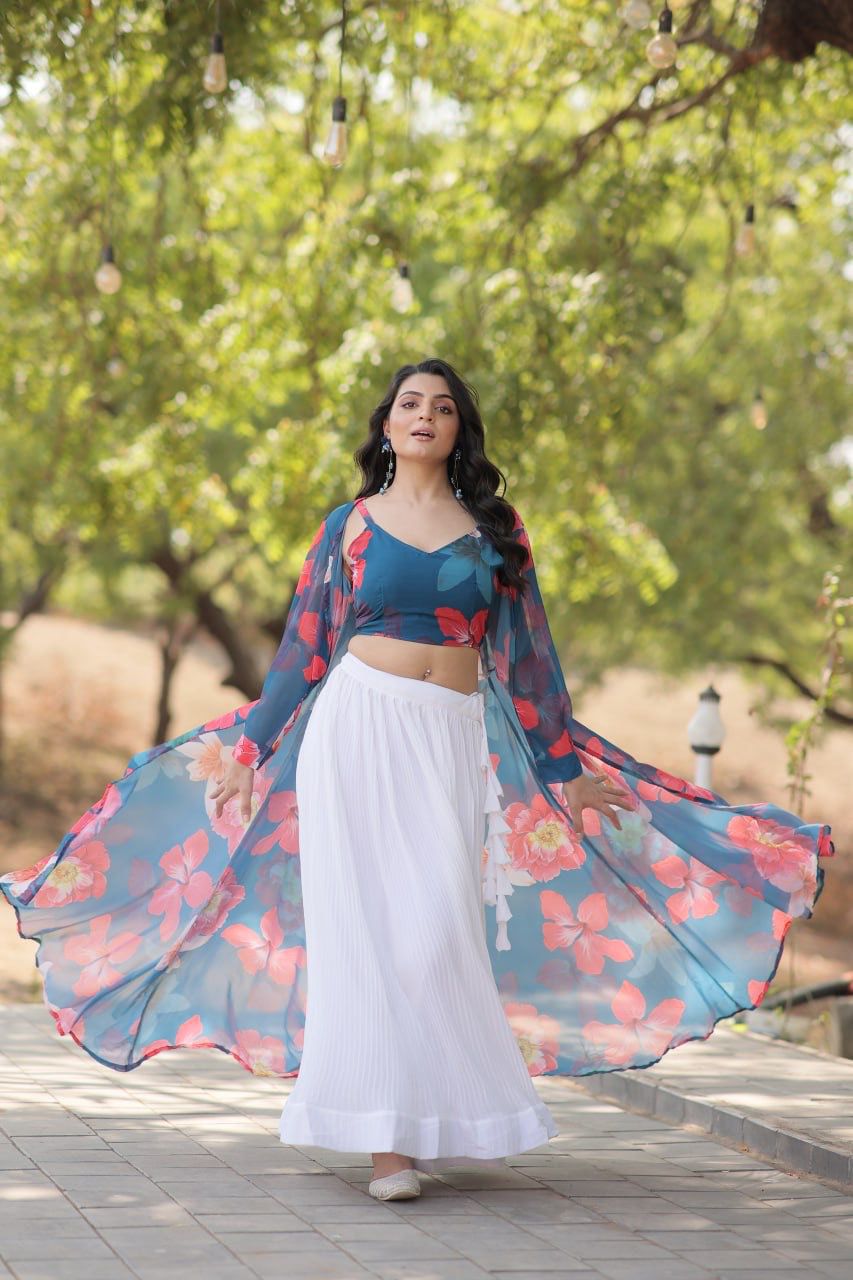 Elegant White Lehenga Choli with Digital Flower Prints and Stylish Shrug