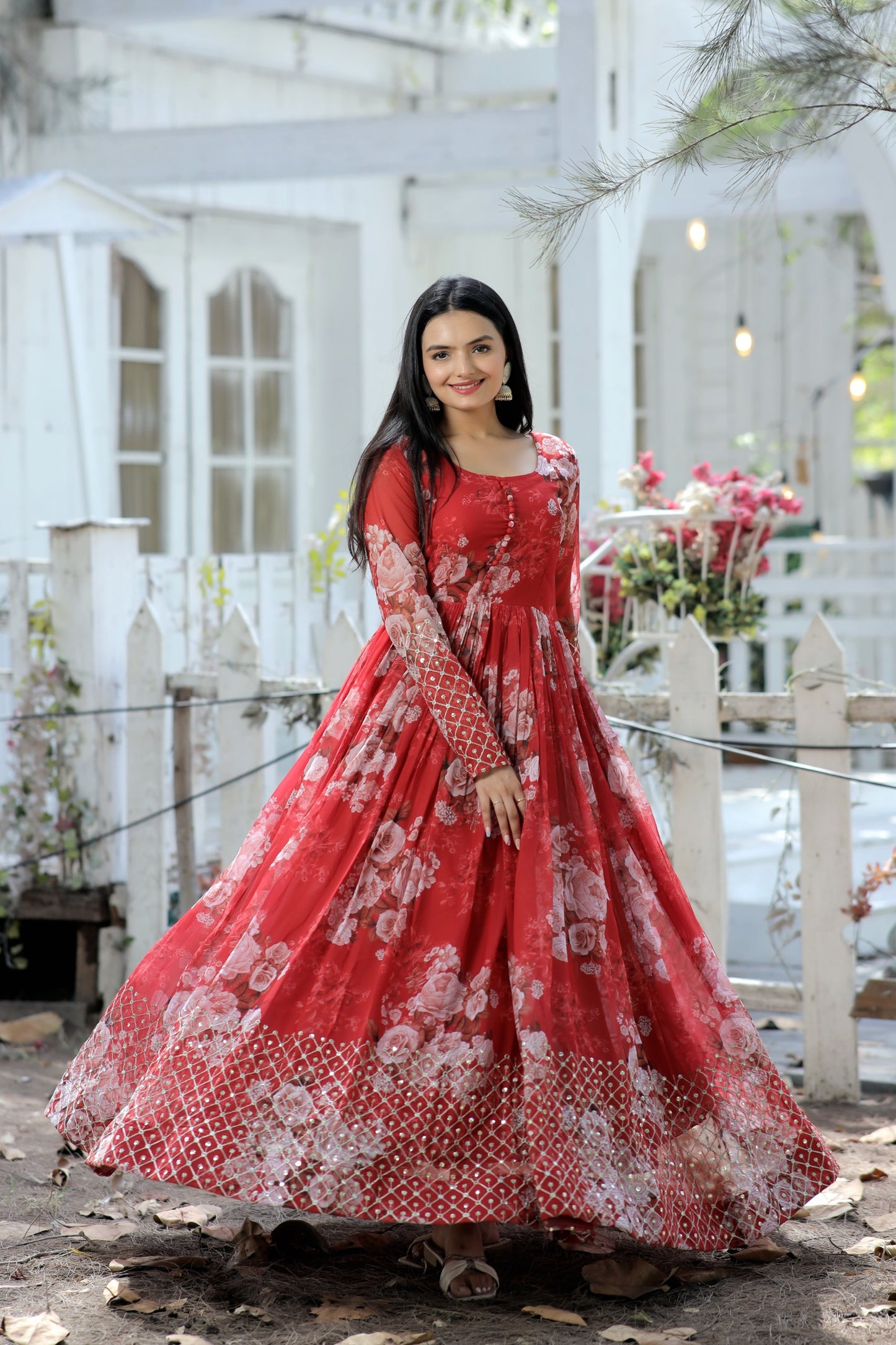 Designer Gown in Red and Rama Colors