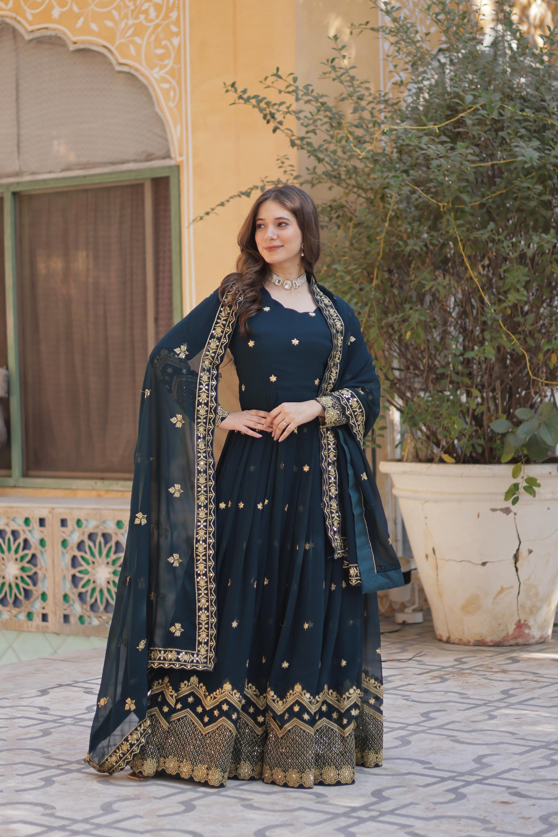 Gown with Dupatta – Zari & Sequins Embroidery