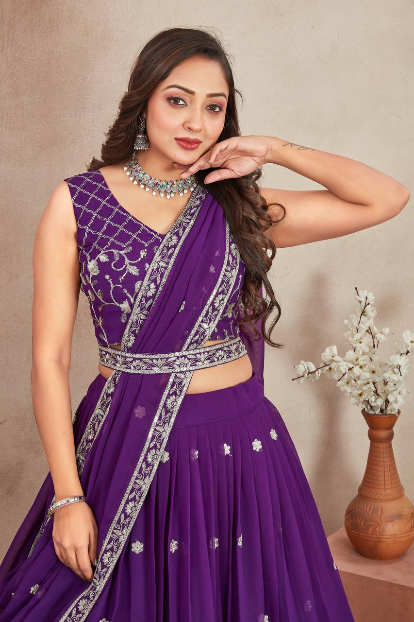 Intricate Embroidery on Purple Lehenga – Close-Up