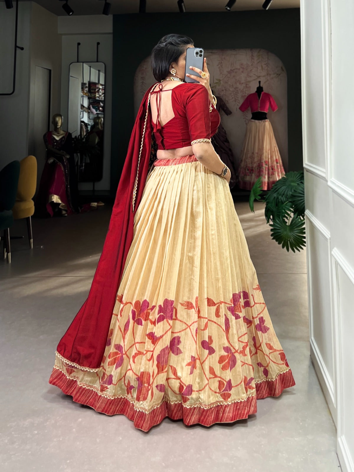 Elegant green silk lehenga set with printed lace work, Vichitra silk blouse, and dupatta. Perfect for weddings and festive occasions.