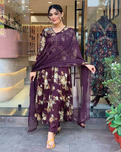 Georgette Embroidered Kurti Set with Chanderi Bottom and Chinnon Dupatta in Purple and Maroon