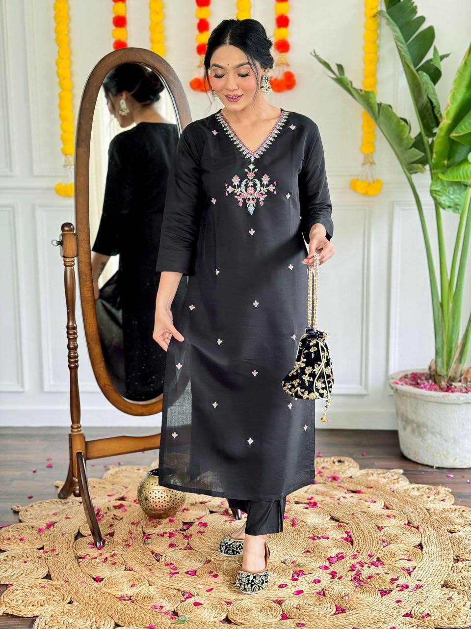 Viscose Chanderi embroidered kurta set with plain bottom and matching dupatta, available in sizes S to XXL.