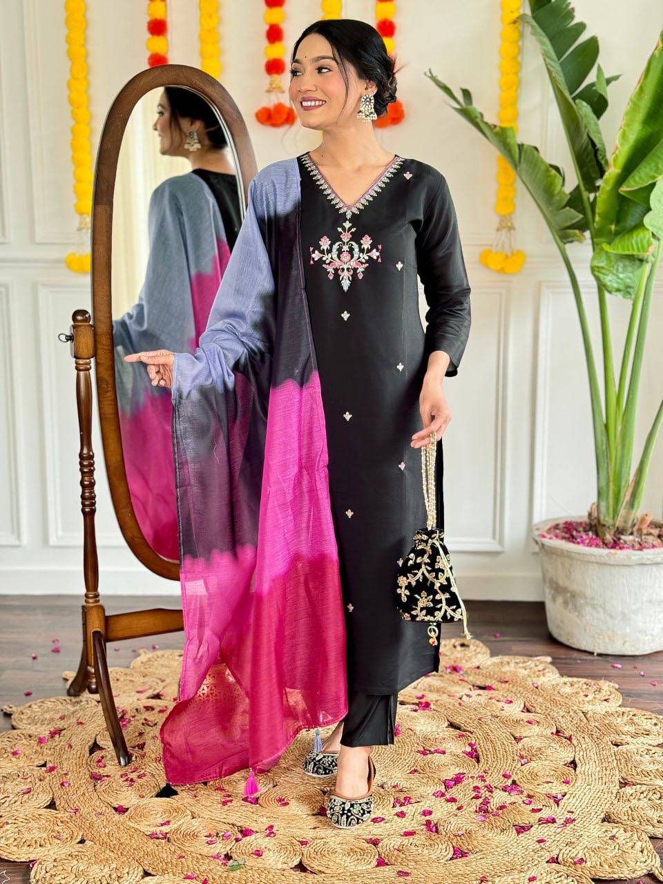 Viscose Chanderi embroidered kurta set with plain bottom and matching dupatta, available in sizes S to XXL.