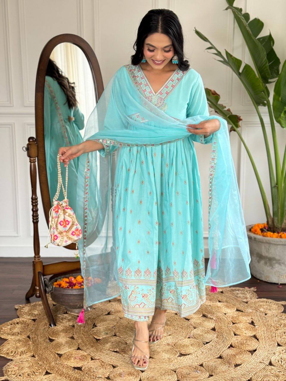 Rayon Slub Kurta Set with matching bottom and organza dupatta, available in sizes S to XXL.