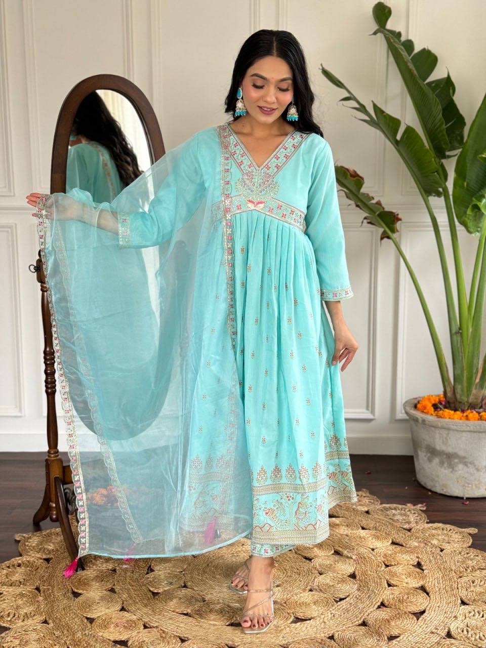 Rayon Slub Kurta Set with matching bottom and organza dupatta, available in sizes S to XXL.