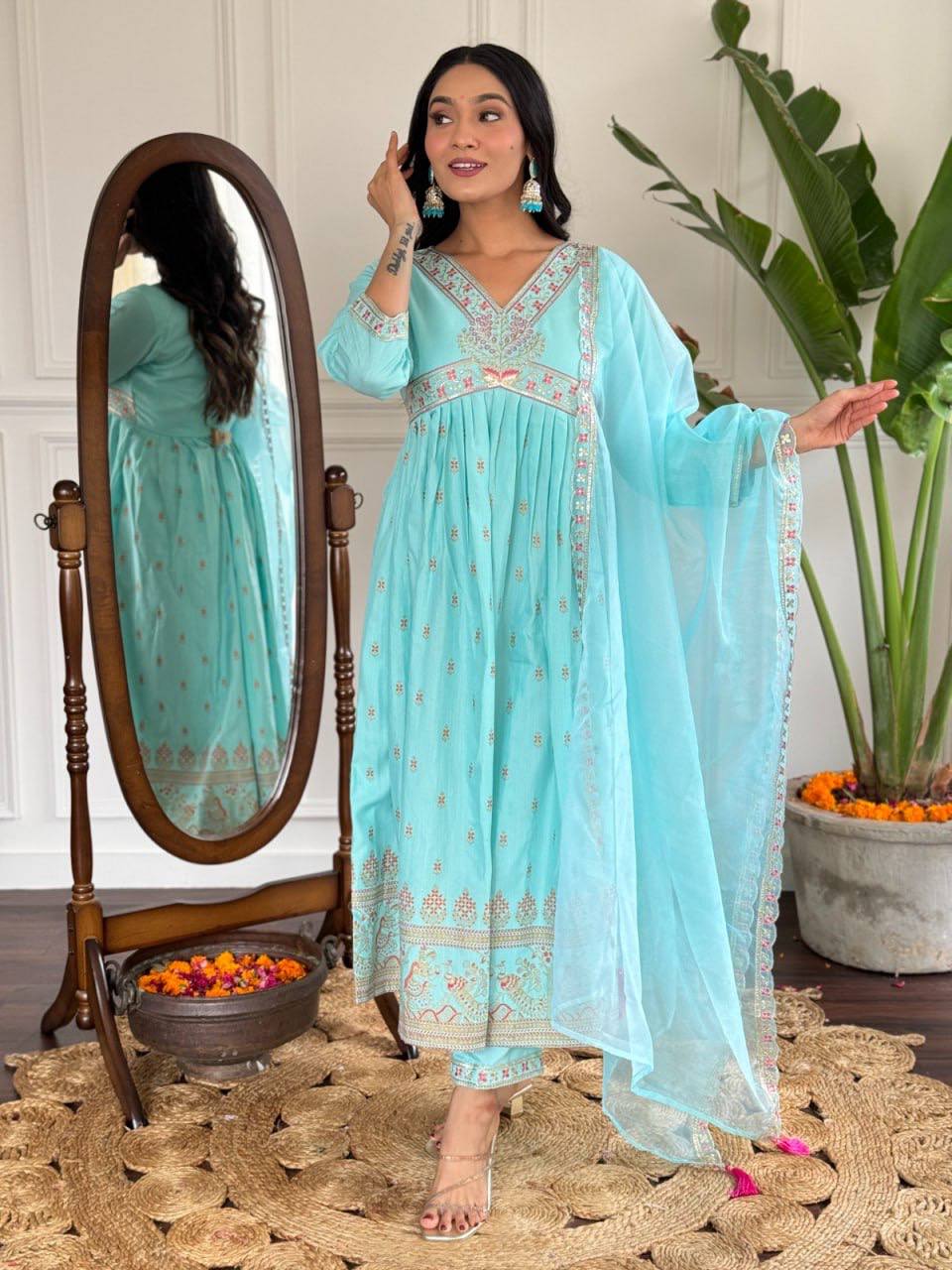 Rayon Slub Kurta Set with matching bottom and organza dupatta, available in sizes S to XXL.