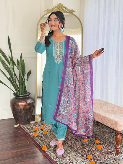 Viscose Chanderi kurta set with embroidery, solid bottom, and printed linen dupatta, perfect for festive and casual wear