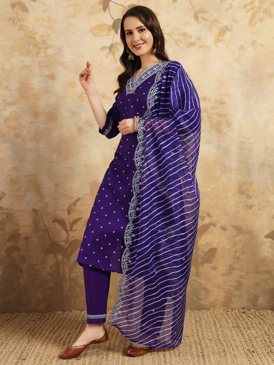 Chanderi Silk Kurta Pant Dupatta Set for women with embroidery and khadi print in lightweight fabrics, ideal for festive and formal occasions.