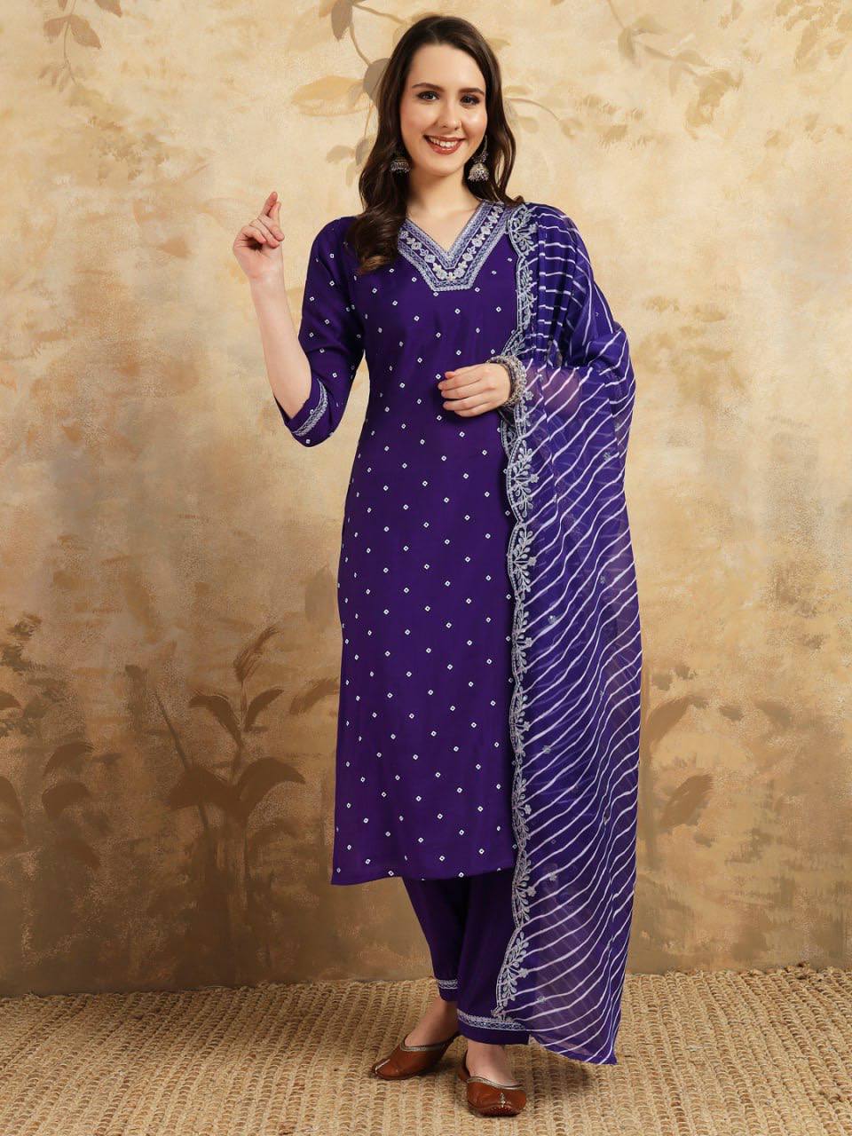 Chanderi Silk Kurta Pant Dupatta Set for women with embroidery and khadi print in lightweight fabrics, ideal for festive and formal occasions.