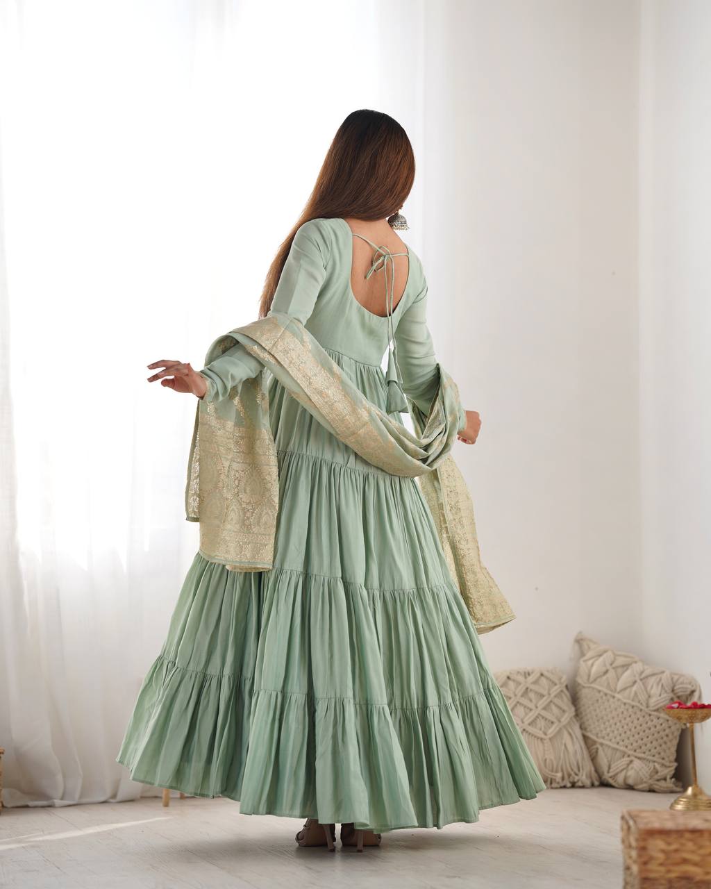 Pure Roman Silk Chanderi Anarkali Set – Front View