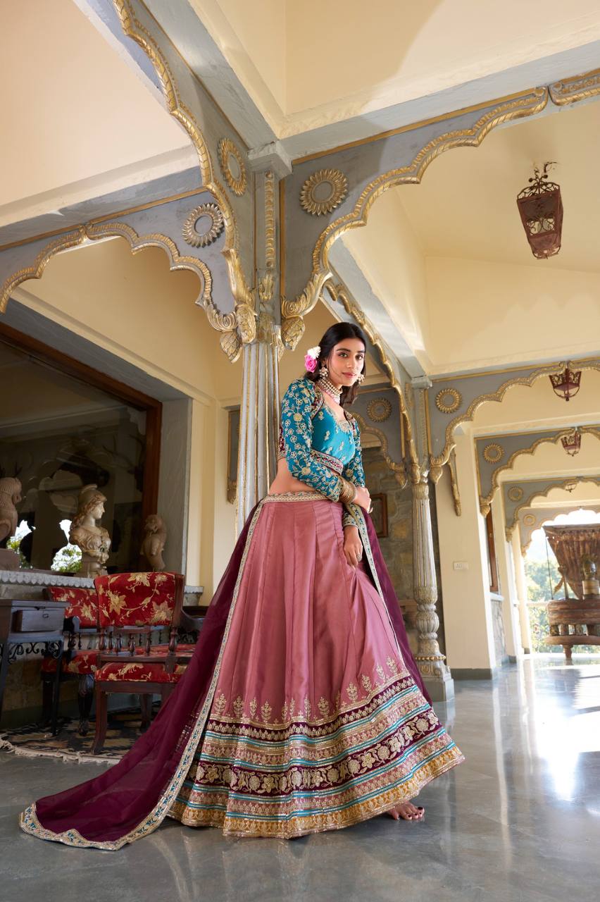 Moonga Silk Lehenga with Sequins & Thread Embroidery - Closeup