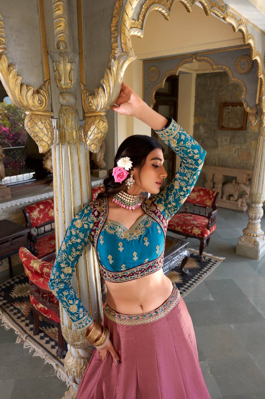 Moonga Silk Lehenga with Sequins & Thread Embroidery - Closeup