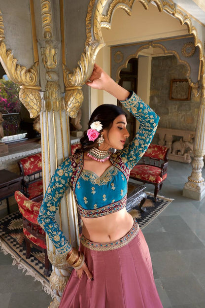Moonga Silk Lehenga with Sequins & Thread Embroidery - Closeup