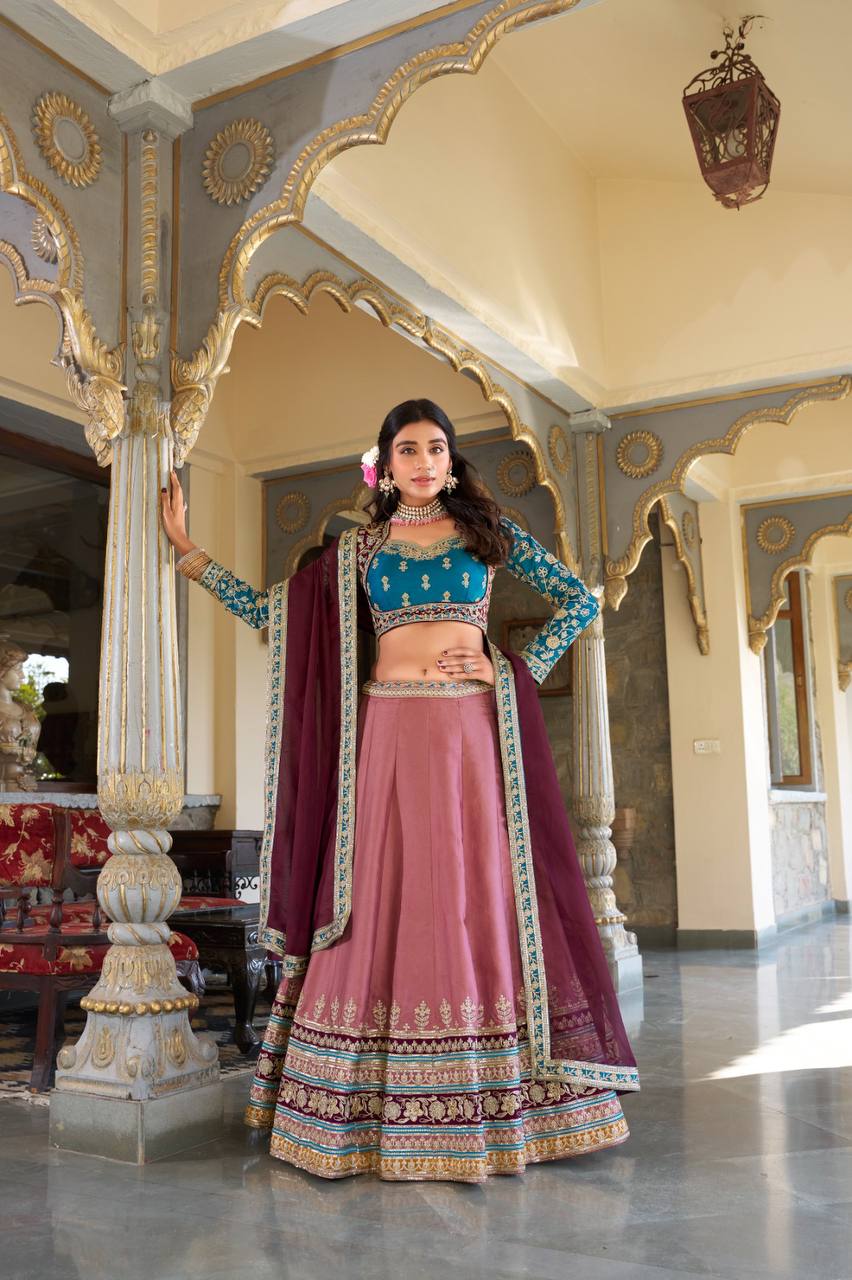 Moonga Silk Lehenga with Sequins & Thread Embroidery - Closeup