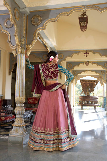 Moonga Silk Lehenga with Sequins & Thread Embroidery - Closeup