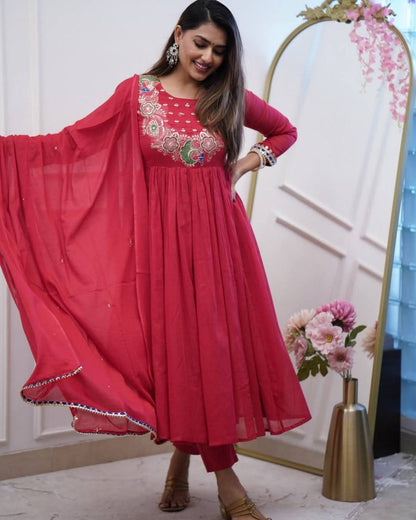 BSY Chinnon embroidered gown set with lace work and flared design for festive & party wear