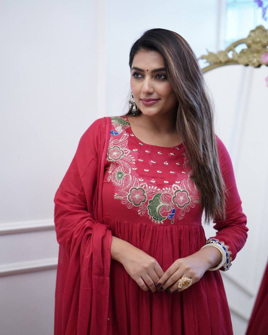 BSY Chinnon embroidered gown set with lace work and flared design for festive & party wear