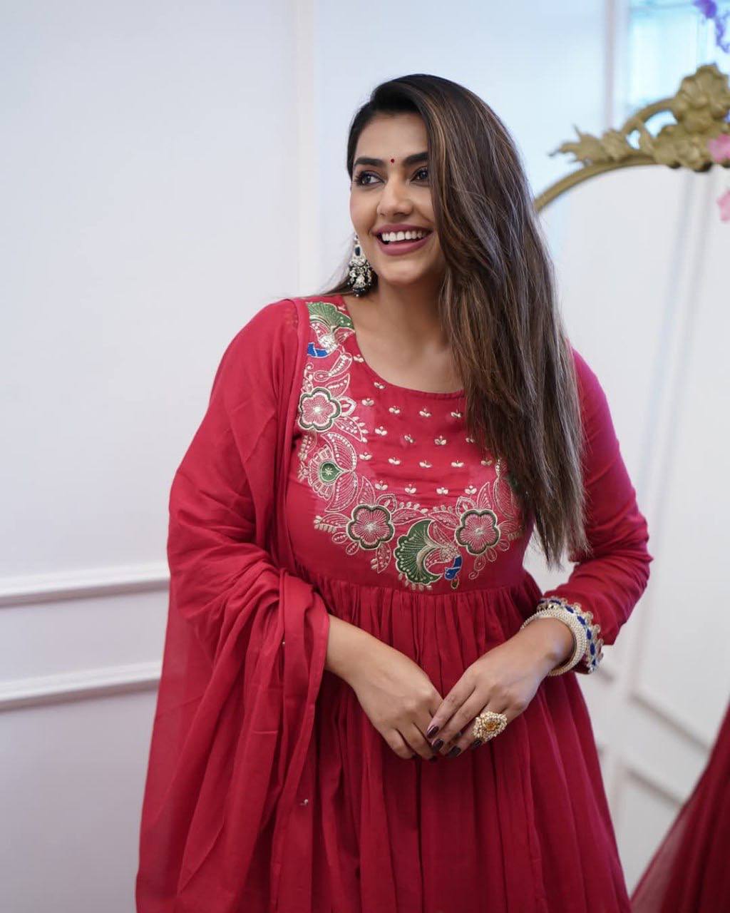 BSY Chinnon embroidered gown set with lace work and flared design for festive & party wear