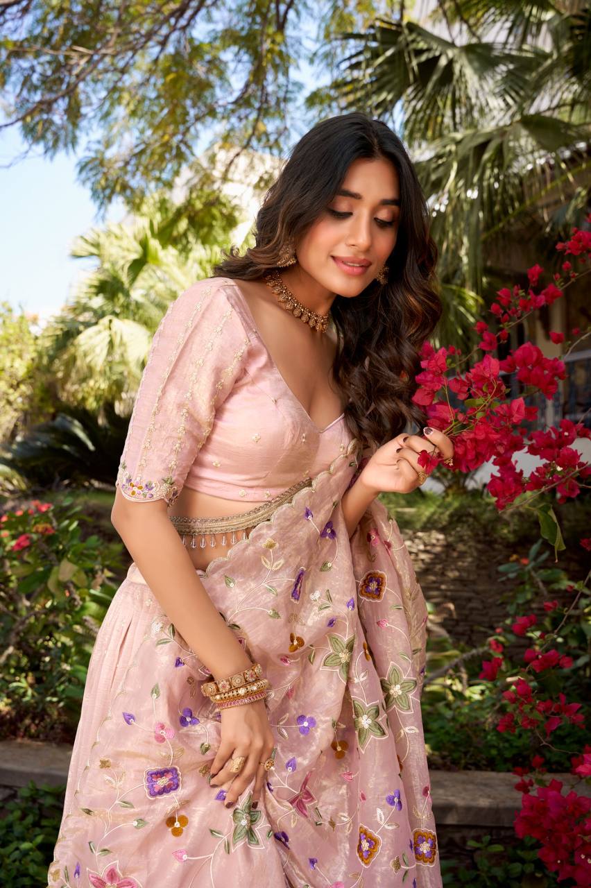 Pink Embroidered Lehenga Set – Gold Crush Fabric with Sequins and Thread Embroidery