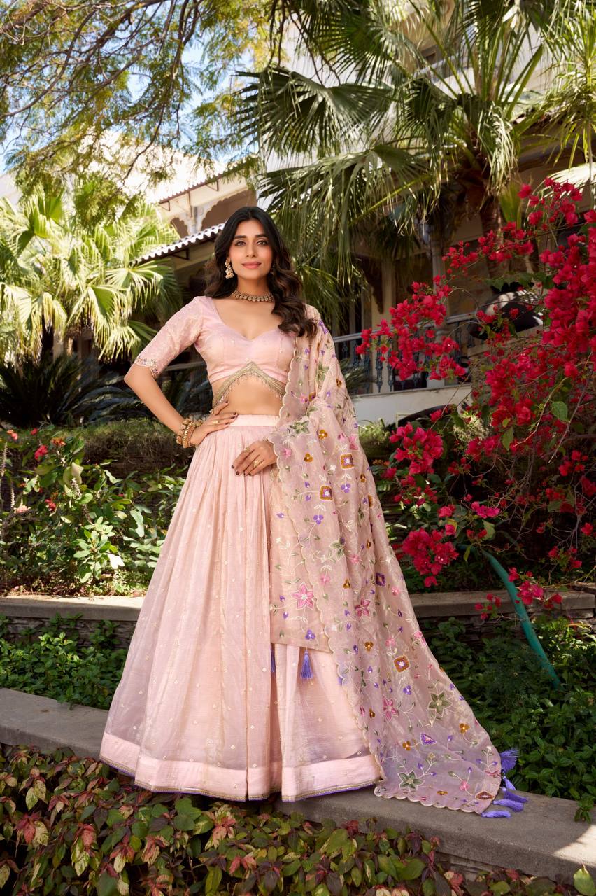 Pink Embroidered Lehenga Set – Gold Crush Fabric with Sequins and Thread Embroidery