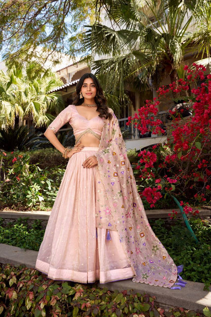 Pink Embroidered Lehenga Set – Gold Crush Fabric with Sequins and Thread Embroidery