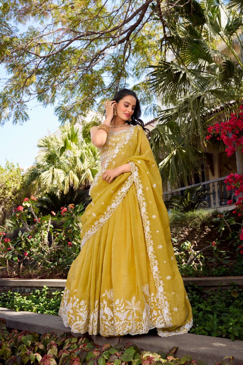 Golden embroidered lehenga set with sequins and lace detailing - Mandira Collection