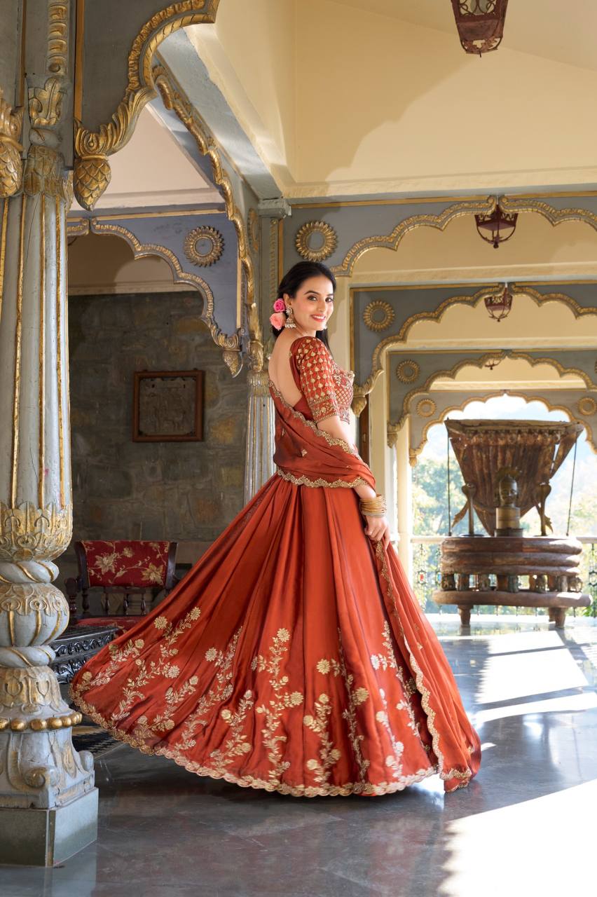 Rust Rangoli Silk Designer Lehenga for Women with Sequins Embroidery