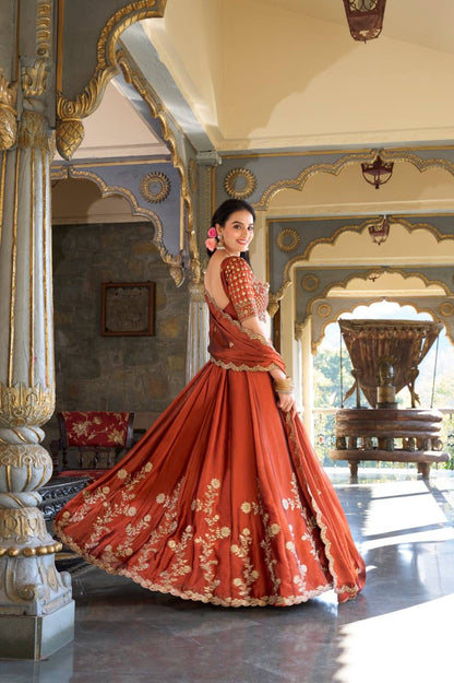 Rust Rangoli Silk Designer Lehenga for Women with Sequins Embroidery
