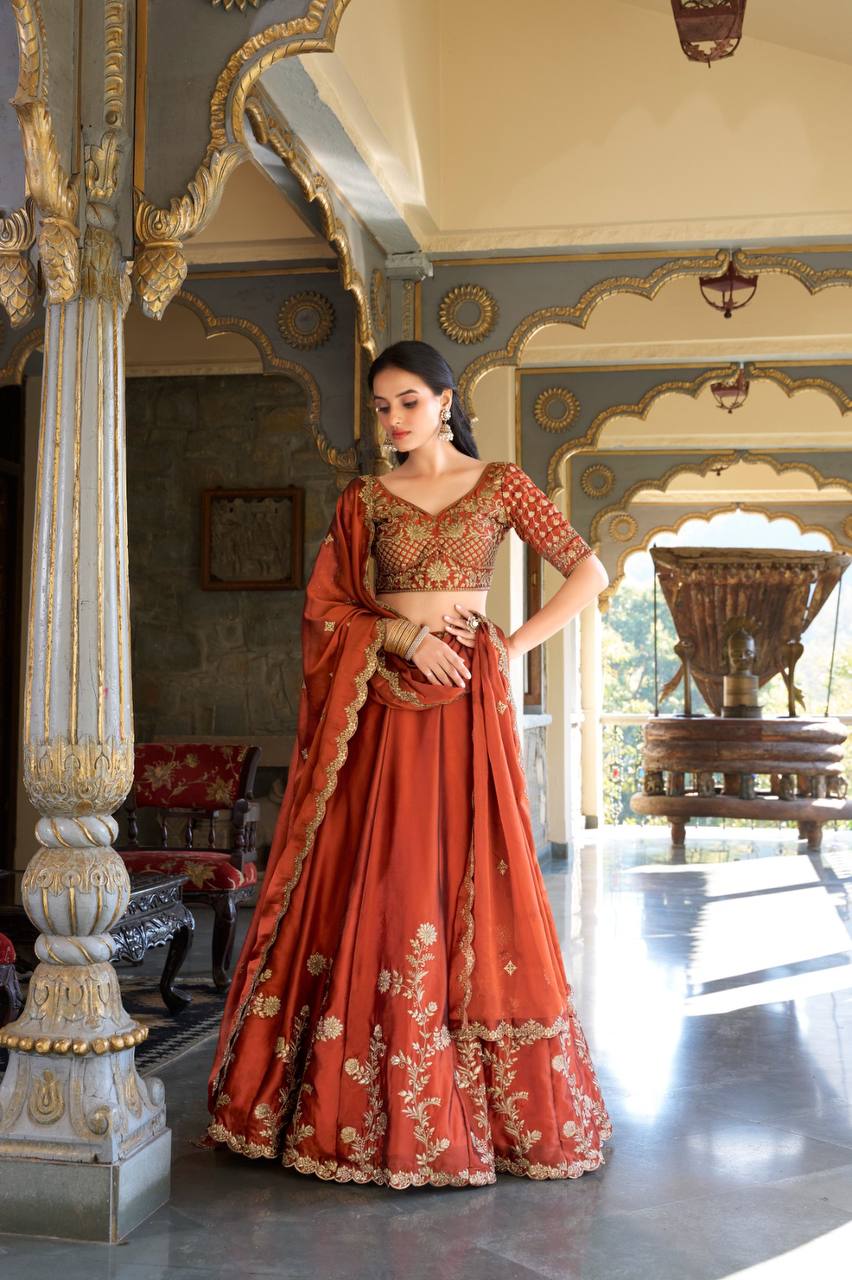 Rust Rangoli Silk Designer Lehenga for Women with Sequins Embroidery